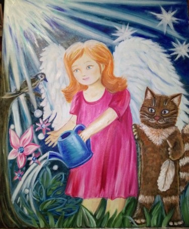 Картина под названием "Angel and cat" - Tatiana Shirova, Подлинное произведение искусства, Масло