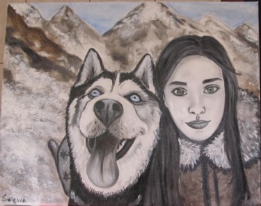 Картина под названием "girlfriend and husky" - Tatiana Shirova, Подлинное произведение искусства, Масло