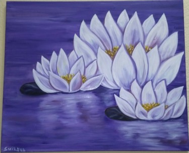 Schilderij getiteld "Lotus on lilac" door Tatiana Shirova, Origineel Kunstwerk, Olie