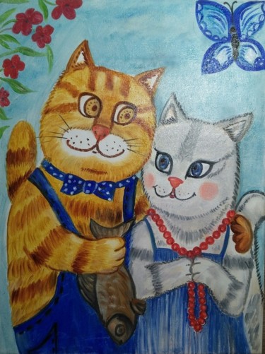 Painting titled "Cat love :)))" by Tatiana Shirova, Original Artwork, Oil