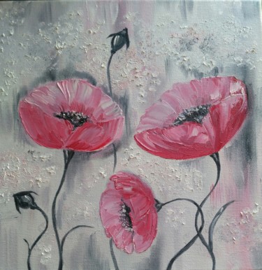 Painting titled "Winter poppies" by Tatiana Shirova, Original Artwork, Oil Mounted on Wood Stretcher frame