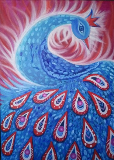 Painting titled "The Bird of Happine…" by Tatiana Shirova, Original Artwork, Oil Mounted on Wood Stretcher frame