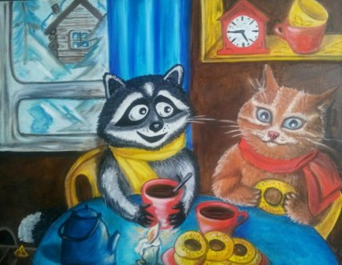 Картина под названием "Evening tea in the…" - Tatiana Shirova, Подлинное произведение искусства, Масло Установлен на Деревян…