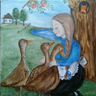 Painting titled "Geese shepherd" by Tatiana Shirova, Original Artwork, Oil Mounted on Wood Stretcher frame