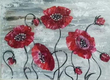 Painting titled "Poppies in the snow" by Tatiana Shirova, Original Artwork, Oil