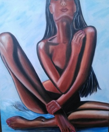 Painting titled "Beach" by Tatiana Shirova, Original Artwork, Oil Mounted on Wood Stretcher frame