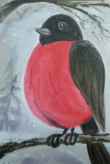 Pittura intitolato "Snow bullfinch" da Tatiana Shirova, Opera d'arte originale, Acquarello