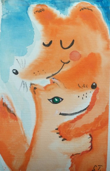 Malarstwo zatytułowany „Cute foxes” autorstwa Tatiana Shirova, Oryginalna praca, Akwarela