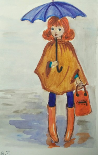 Картина под названием "Girl with an umbrel…" - Tatiana Shirova, Подлинное произведение искусства, Акварель