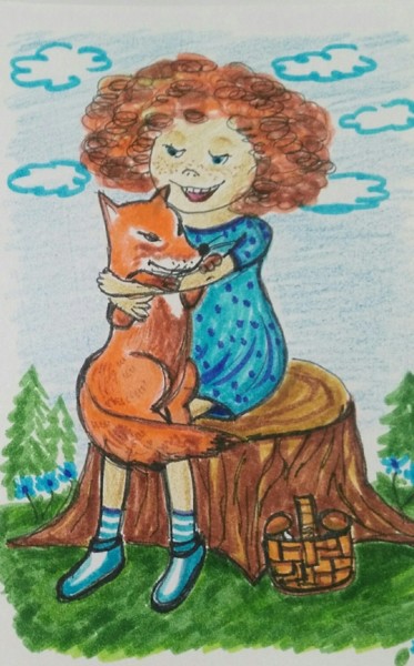 Peinture intitulée "Girl and Fox" par Tatiana Shirova, Œuvre d'art originale, Aquarelle