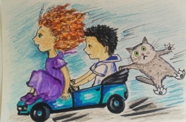 Картина под названием "Kids and cat." - Tatiana Shirova, Подлинное произведение искусства, Акварель