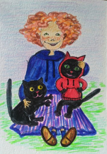 Картина под названием "Girl and cats" - Tatiana Shirova, Подлинное произведение искусства, Акварель