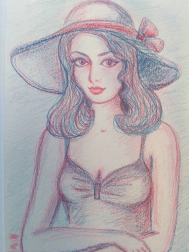 Картина под названием "girl in a hat" - Tatiana Shirova, Подлинное произведение искусства, Цветные карандаши