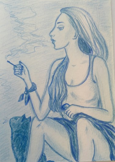 Картина под названием "smoking girl and cat" - Tatiana Shirova, Подлинное произведение искусства, Цветные карандаши