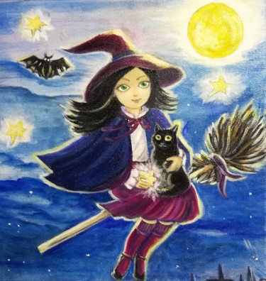 Painting titled "Witch and cat" by Tatiana Shirova, Original Artwork, Oil Mounted on Wood Stretcher frame