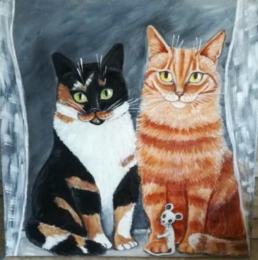 Painting titled "Cats2" by Tatiana Shirova, Original Artwork, Oil Mounted on Wood Stretcher frame