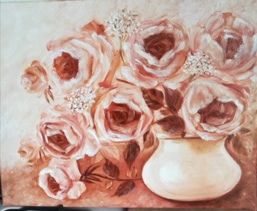 Painting titled "Roses" by Tatiana Shirova, Original Artwork, Oil Mounted on Wood Stretcher frame