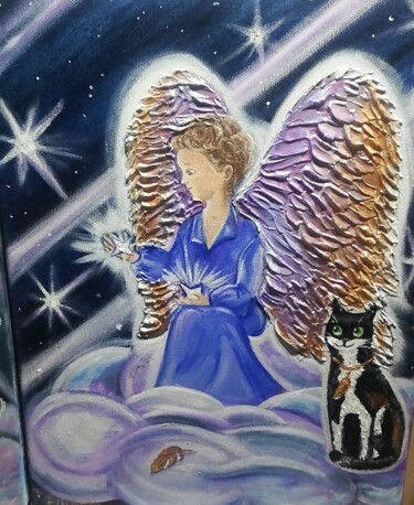 Painting titled "Angel, cat, stars" by Tatiana Shirova, Original Artwork, Oil Mounted on Wood Stretcher frame