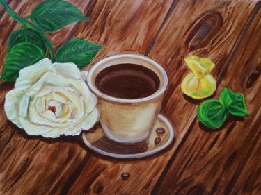 Painting titled "Coffee and rose" by Tatiana Shirova, Original Artwork, Oil Mounted on Wood Stretcher frame