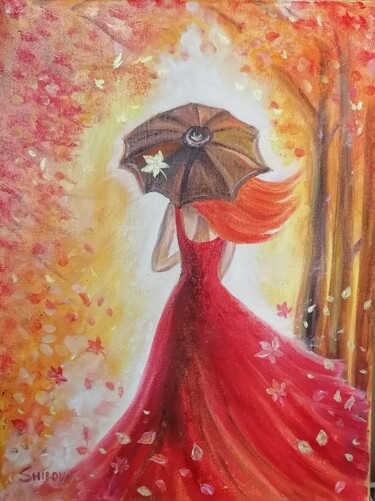 Painting titled "Lady autumn" by Tatiana Shirova, Original Artwork, Oil Mounted on Wood Stretcher frame