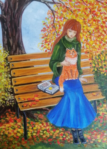 Картина под названием "Autumn cat" - Tatiana Shirova, Подлинное произведение искусства, Масло
