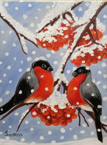 Painting titled "Bullfinches" by Tatiana Shirova, Original Artwork, Oil