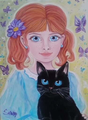 Painting titled "Girl and cat" by Tatiana Shirova, Original Artwork, Oil Mounted on Wood Stretcher frame