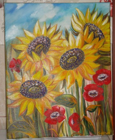 Peinture intitulée "Sunflowers and popp…" par Tatiana Shirova, Œuvre d'art originale, Huile