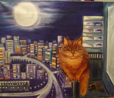Painting titled "The cat walks on th…" by Tatiana Shirova, Original Artwork, Oil