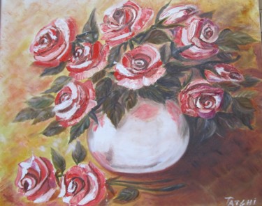 Schilderij getiteld "Roses in a white va…" door Tatiana Shirova, Origineel Kunstwerk, Olie