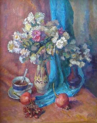 Painting titled "хризантемы и гранаты" by Vladimir Shiyan, Original Artwork, Oil