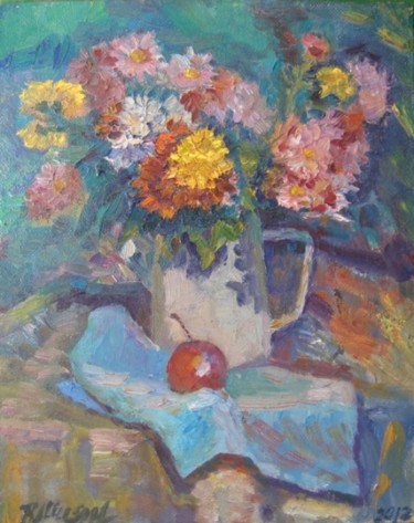 Картина под названием "Хризантемы" - Vladimir Shiyan, Подлинное произведение искусства, Масло