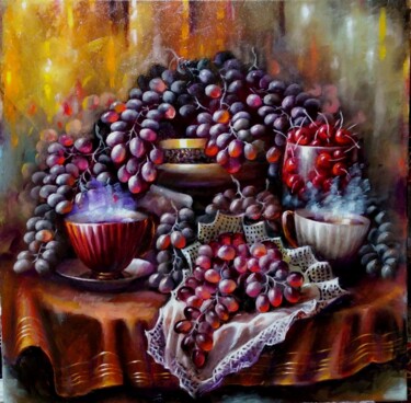 Картина под названием "Вечерний чай" - Tatiana Shmakova, Подлинное произведение искусства, Масло Установлен на Деревянная ра…