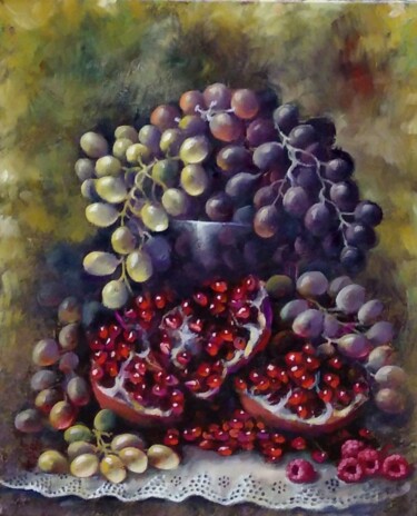 Painting titled "Виноград и гранаты" by Tatiana Shmakova, Original Artwork, Oil Mounted on Wood Stretcher frame