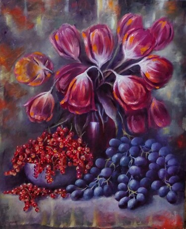 Painting titled "Тюльпаны и фрукты" by Tatiana Shmakova, Original Artwork, Oil Mounted on Wood Stretcher frame