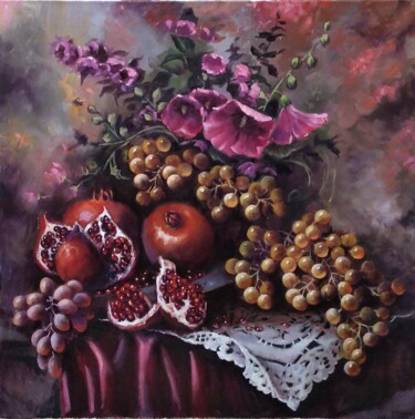 Painting titled "Цветы и фрукты" by Tatiana Shmakova, Original Artwork, Oil Mounted on Wood Stretcher frame