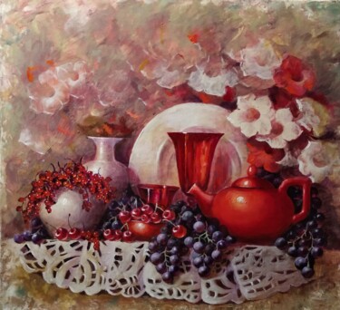 Painting titled "Ягодный чай" by Tatiana Shmakova, Original Artwork, Oil Mounted on Wood Stretcher frame