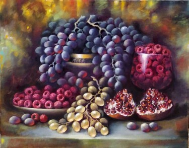 Painting titled "Ягоды и фрукты" by Tatiana Shmakova, Original Artwork, Oil Mounted on Wood Stretcher frame