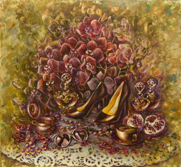 Painting titled "Черная орхидея" by Tatiana Shmakova, Original Artwork, Oil Mounted on Wood Stretcher frame