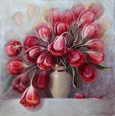 Painting titled "Красные тюльпаны" by Tatiana Shmakova, Original Artwork, Oil Mounted on Wood Stretcher frame