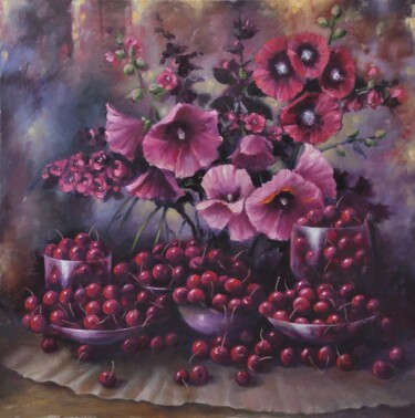 Картина под названием "Спелая вишня" - Tatiana Shmakova, Подлинное произведение искусства, Масло Установлен на Деревянная ра…