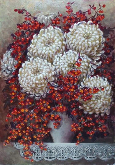 Peinture intitulée "Белые хризантемы" par Tatiana Shmakova, Œuvre d'art originale, Acrylique Monté sur Châssis en bois