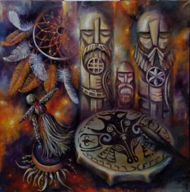 Картина под названием "Бубен шамана" - Tatiana Shmakova, Подлинное произведение искусства, Масло Установлен на Деревянная ра…