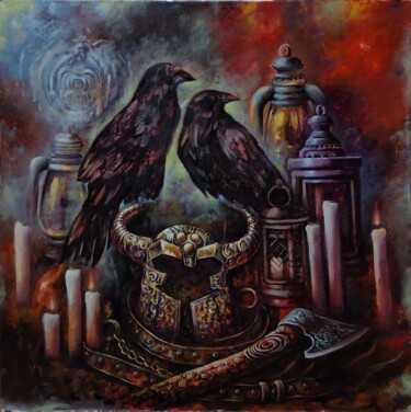Картина под названием "Вороны Одина" - Tatiana Shmakova, Подлинное произведение искусства, Масло Установлен на Деревянная ра…