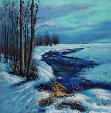 Картина под названием "Зимний вечер" - Tatiana Shmakova, Подлинное произведение искусства, Масло Установлен на Деревянная ра…