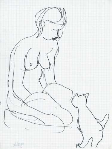 Dessin intitulée "Jeune Fille au Chat" par Amos Zelikson, Œuvre d'art originale, Encre