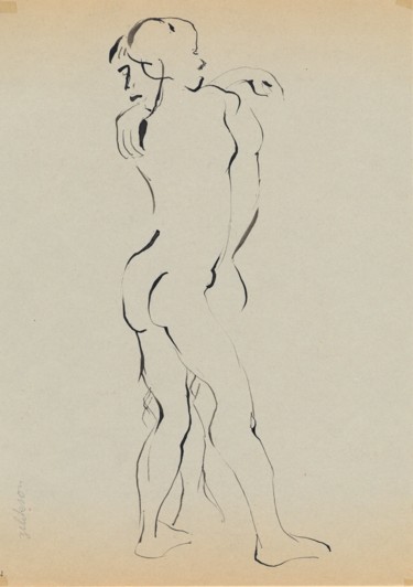 Drawing titled "Couple Debout Enlacé" by Amos Zelikson, Original Artwork, Ink