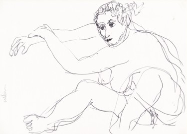 Dessin intitulée "E51 Femme Nue Assise" par Amos Zelikson, Œuvre d'art originale, Encre