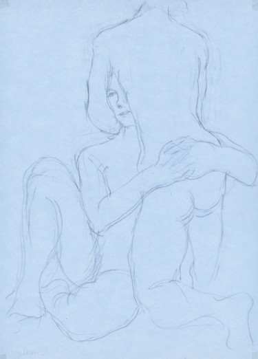 Drawing titled "Auprès de Moi" by Amos Zelikson, Original Artwork, Pencil