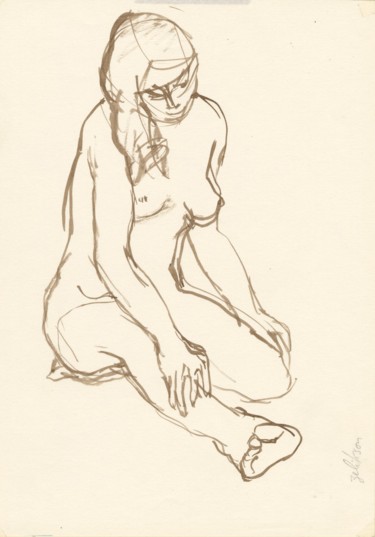 Dessin intitulée "Femme Nue Assise" par Amos Zelikson, Œuvre d'art originale, Encre